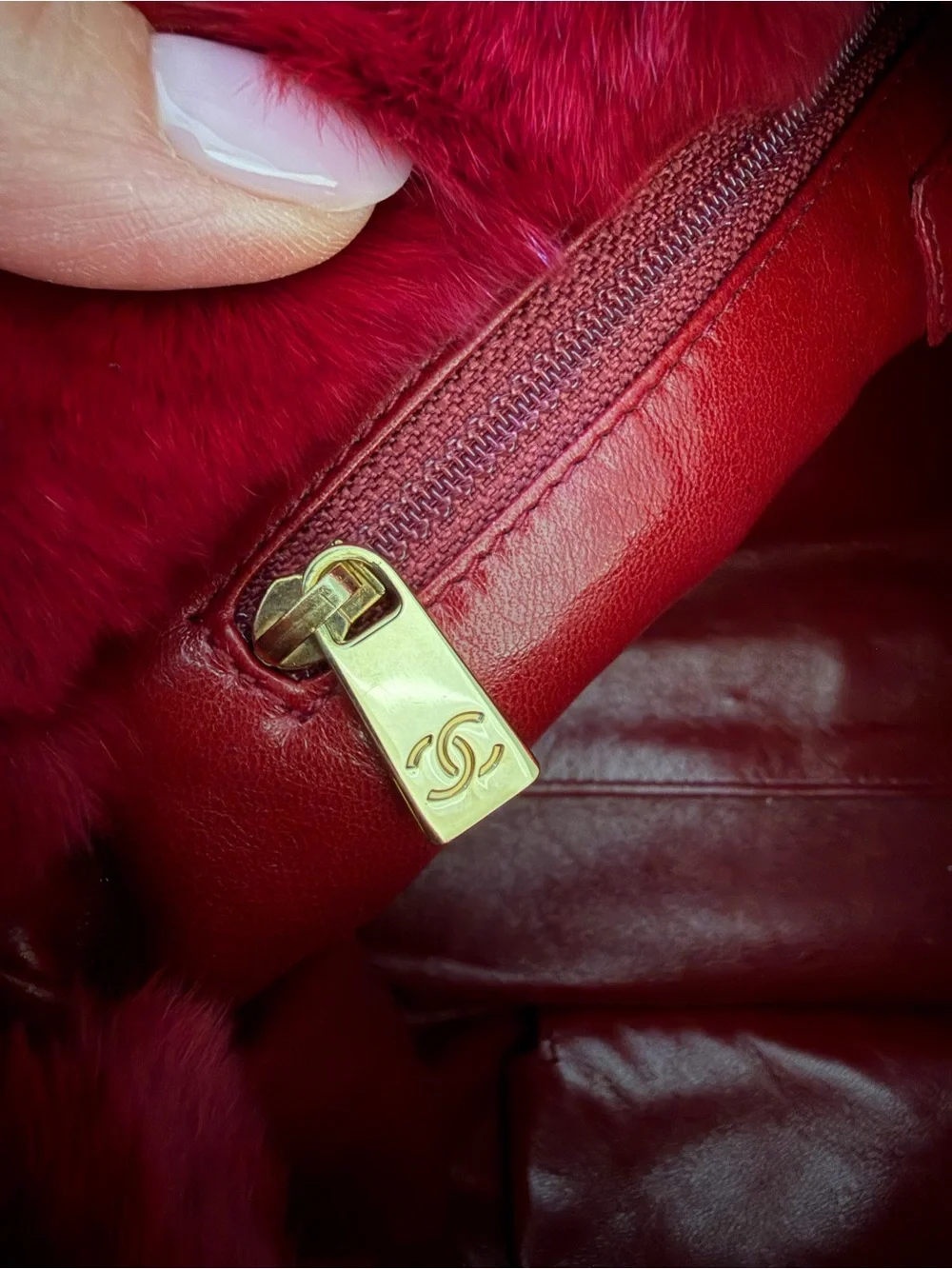 CHANEL Red Rabbit Fur Tote with Gold CC Charm and Chain Handles